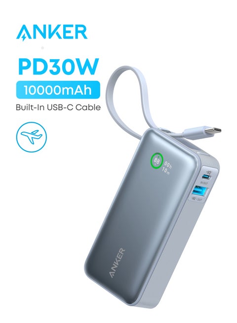 Nano Power Bank, 10,000mAh Portable Charger with Built-in USB-C Cable, 30W Recharging, 30W Max Output with USB-C&A, for iPhone 17/16 Series, MacBook, Galaxy, AirPods, and More